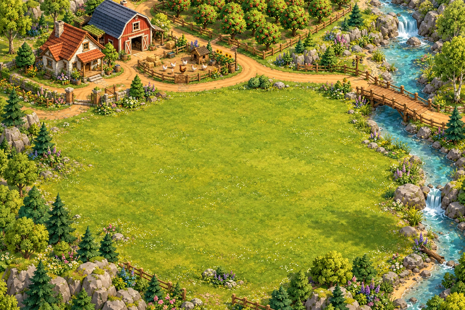 Willowbrook farm map with farmhouse, orchard, animal yard, creek and bridge